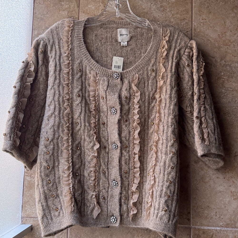 Maeve Ruffled Embellished Short Sleeve Cardigan Sweater Sparkle Anthropologie XL - Picture 11 of 16
